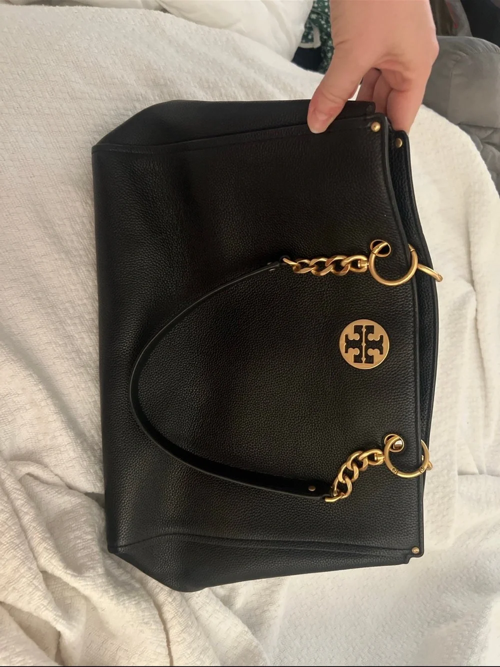 Tory Burch Black Leather Shoulder Tote with Gold Hardware